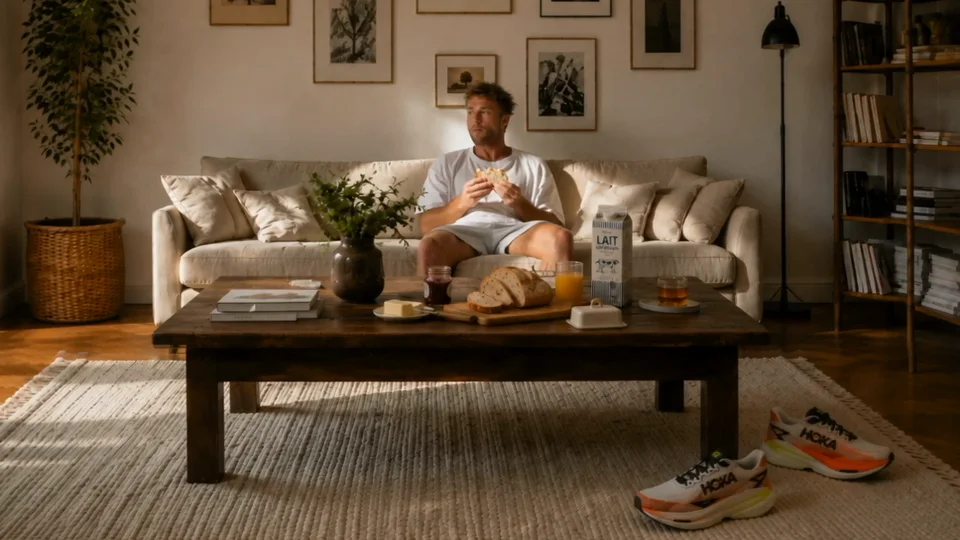 A man has breakfast on his sofa while his new Hoka shoes wait on the rug